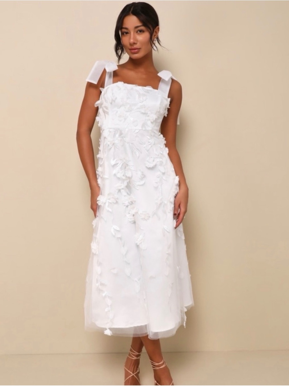 Lulu's White 3D Floral Midi Dress with Tie Straps Medium